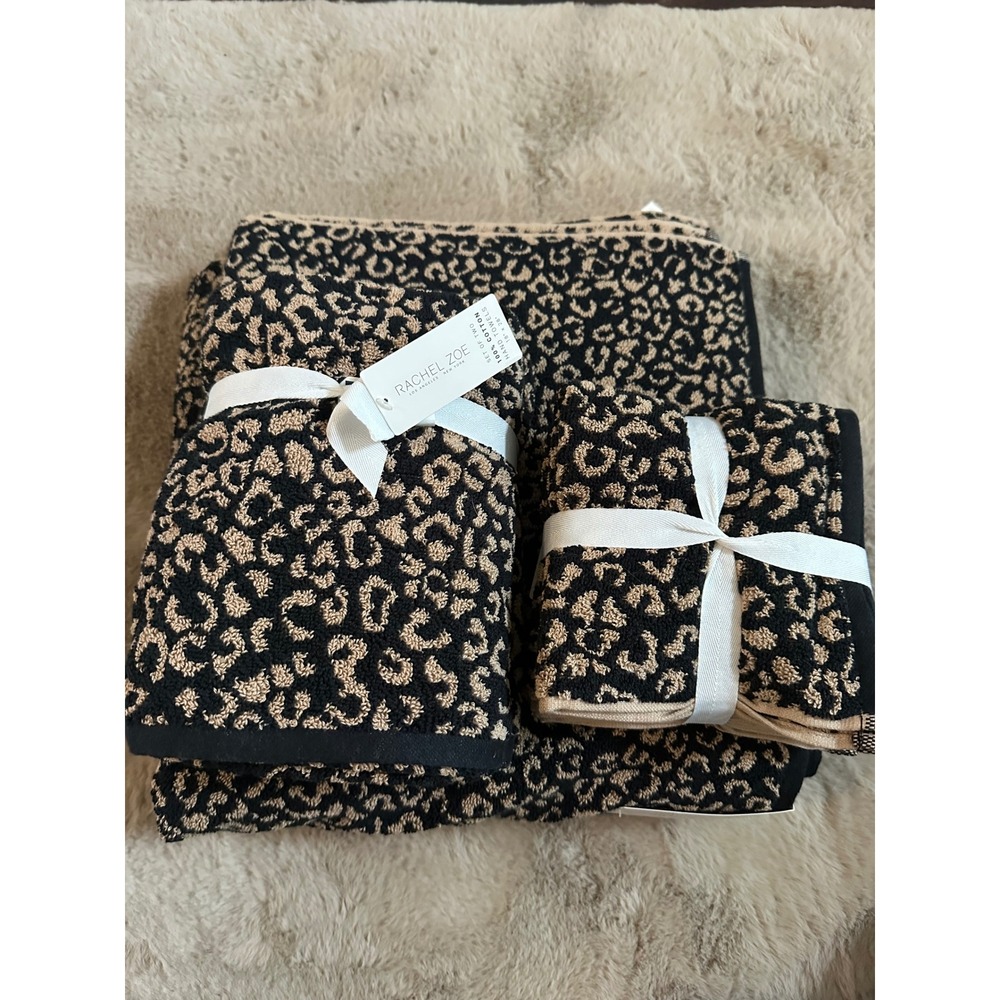 Rachel Zoe Leopard Print Towel Set 100% Cotton Black Tan Animal Print 8 Piece
